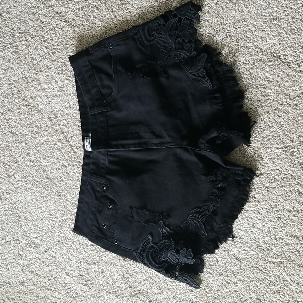 Black crochet side jean shorts